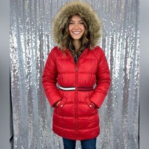 Tommy Hilfiger Red Hooded Puffer Coat with Faux Fur Trim